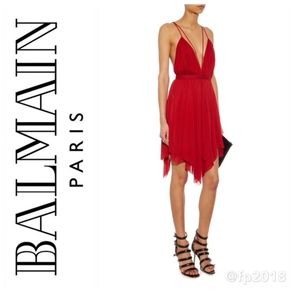 BALMAIN Red Deep-V Jersey-Crepe Dress ** NWT **